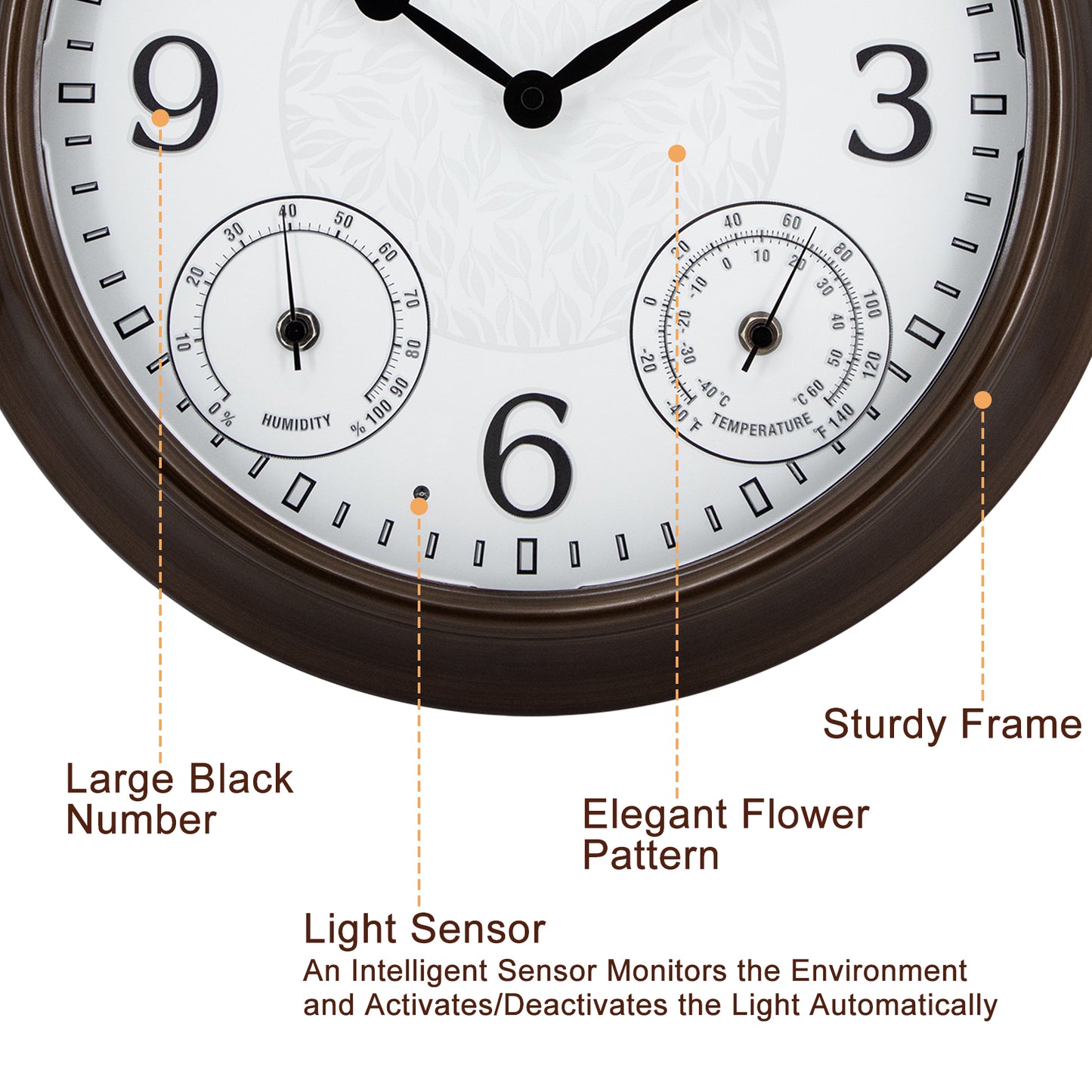 OCEST 15 Inch Metal Illuminated Wall Clocks Waterproof with Thermometer & Hygrometer Smart Sensor