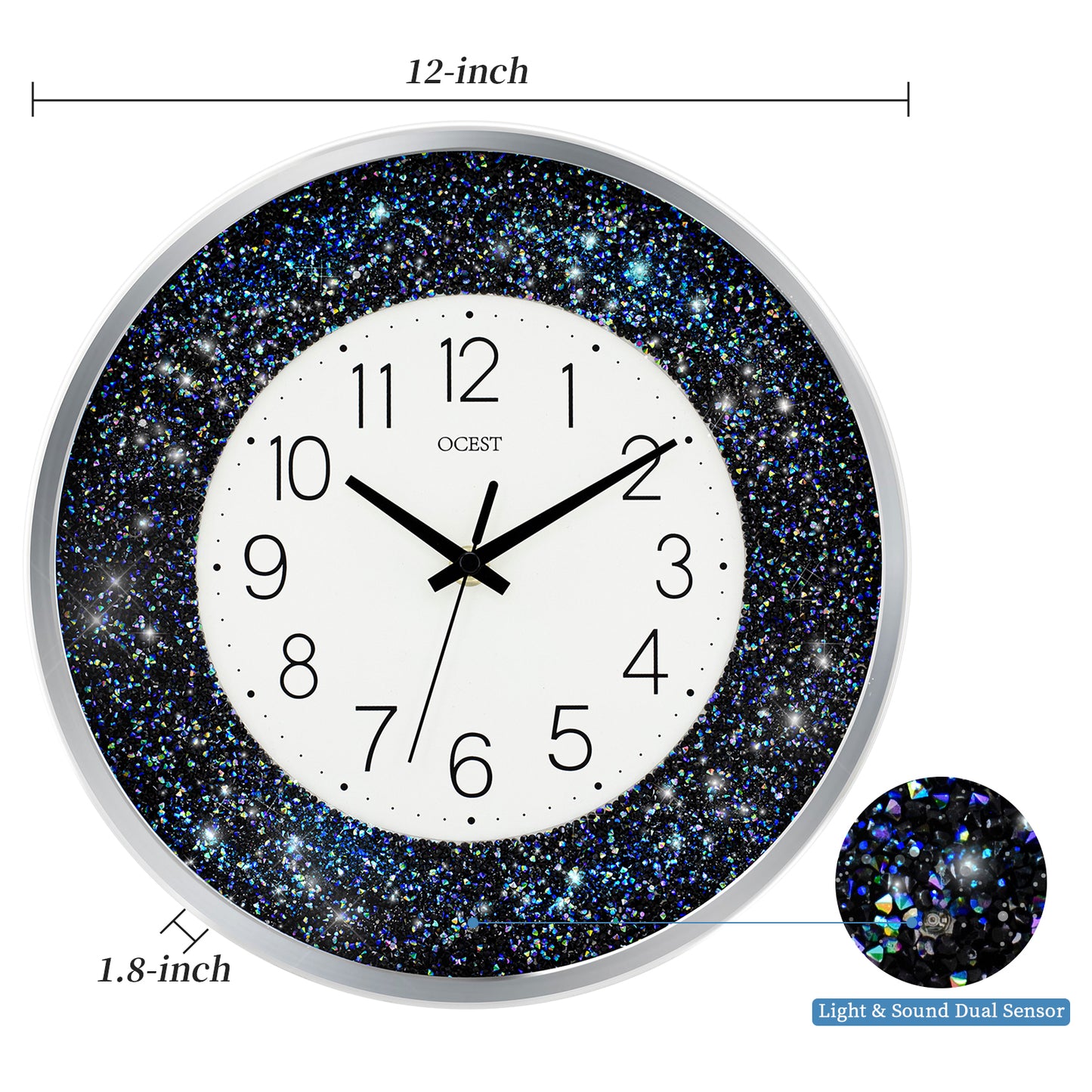 OCEST 12 Inch Crushed Diamond Wall Clock with Night Light, Blue