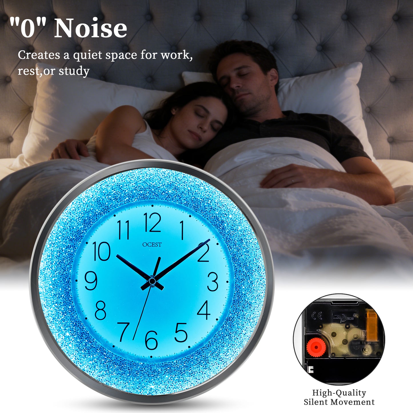 OCEST 12 Inch Crushed Diamond Wall Clock with Night Light, Silver