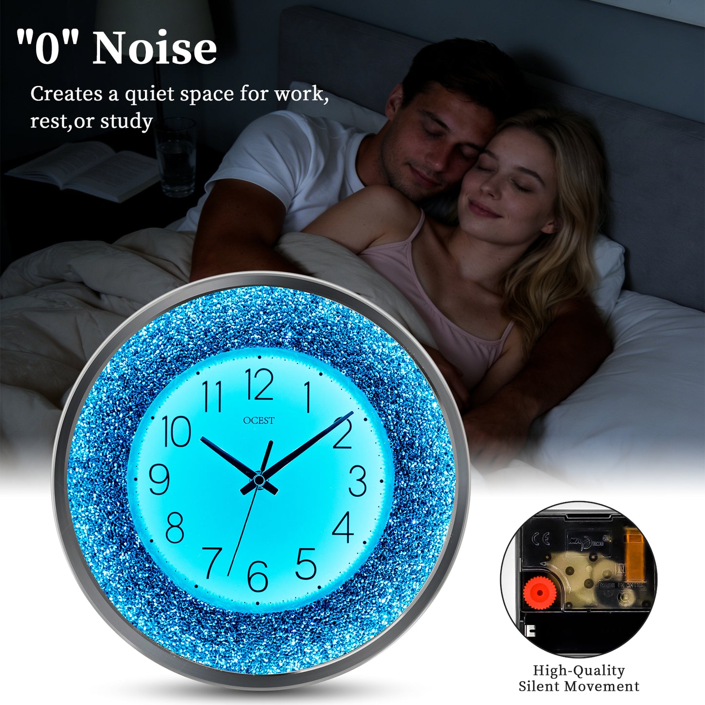 OCEST 12 Inch Crushed Diamond Wall Clock with Night Light, Blue