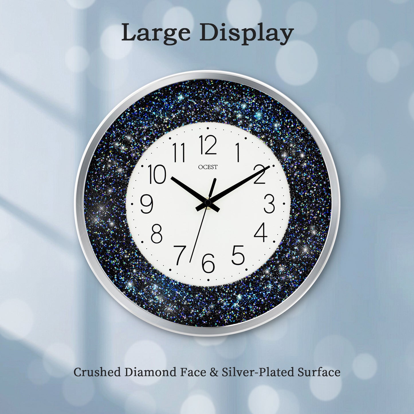 OCEST 12 Inch Crushed Diamond Wall Clock with Night Light, Blue
