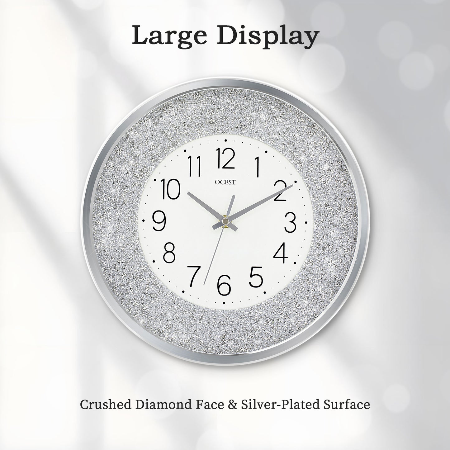 OCEST 12 Inch Crushed Diamond Wall Clock with Night Light, Silver