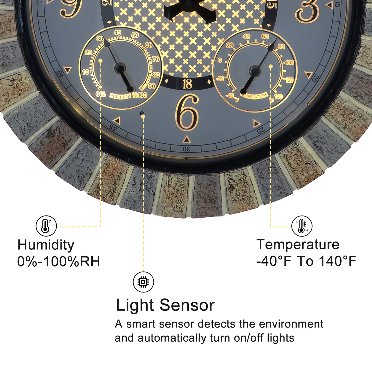 OCEST 18inch Large Indoor Outdoor Clock Illuminated Wall Clock with Thermometer Hygrometer & Night Light Waterproof Battery Operated Silent Non-Ticking