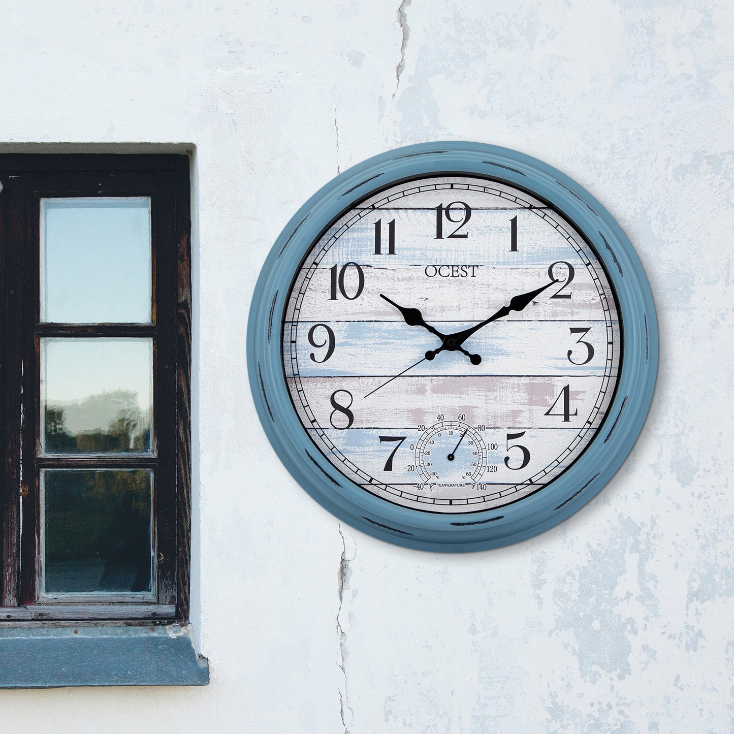 OCEST 16 Inch Outdoor Clock Waterproof with Thermometer Blue Nautical Style
