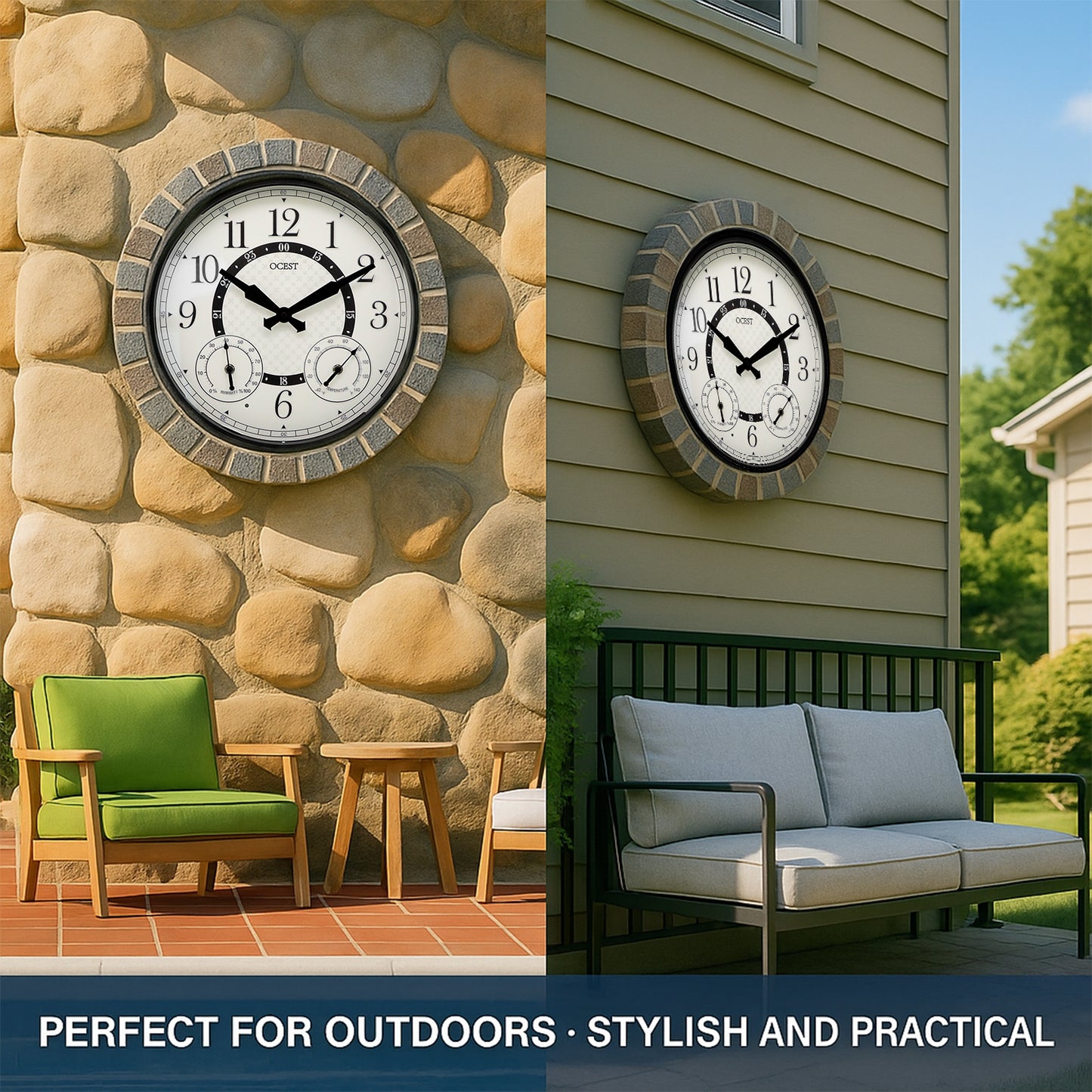 OCEST 18inch Large Indoor Outdoor Clock Illuminated Wall Clock with Thermometer Hygrometer & Night Light Waterproof Battery Operated Silent Non-Ticking