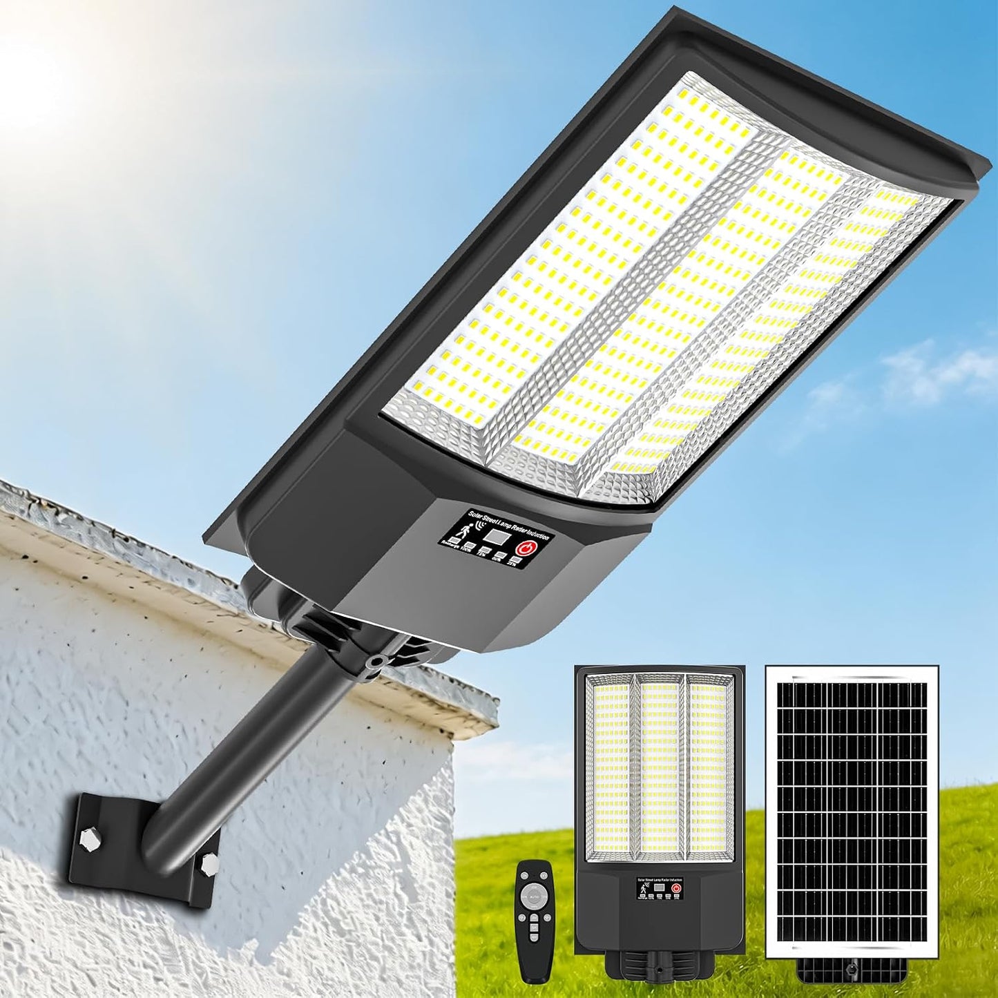 Super Bright Solar Street Lights, 150000LM 7000K Outdoor Solar Lights Dusk to Dawn, Solar Security Flood Lights with Remote Control for Yard, Parking Lot, Porch, Garages, Garden