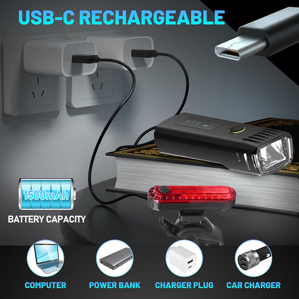 Bike Light Set, Rechargeable 1500mAh Light Sensing Bicycle Headlight Set with 4 Lighting Modes, Bike Front Light and Rear Light Set