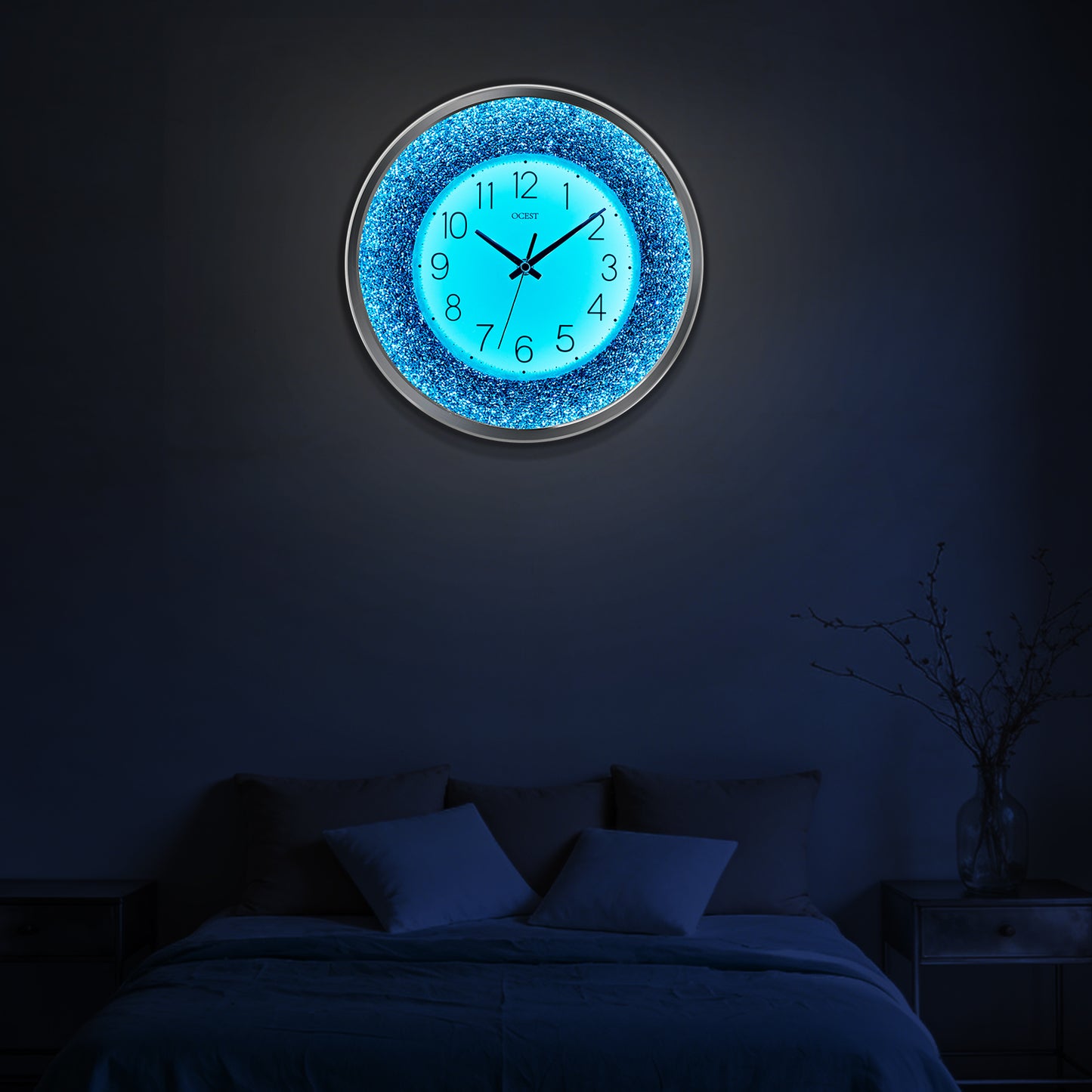 OCEST 12 Inch Crushed Diamond Wall Clock with Night Light, Blue
