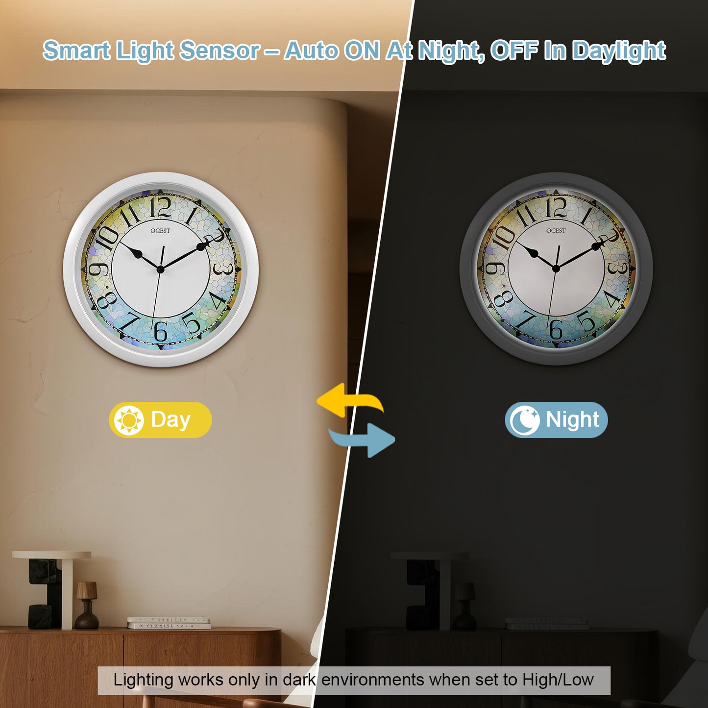 OCEST 13-inch Illuminated Wall Clock Adjustable Brightness Silent Battery Operated for Bedroom Living Room