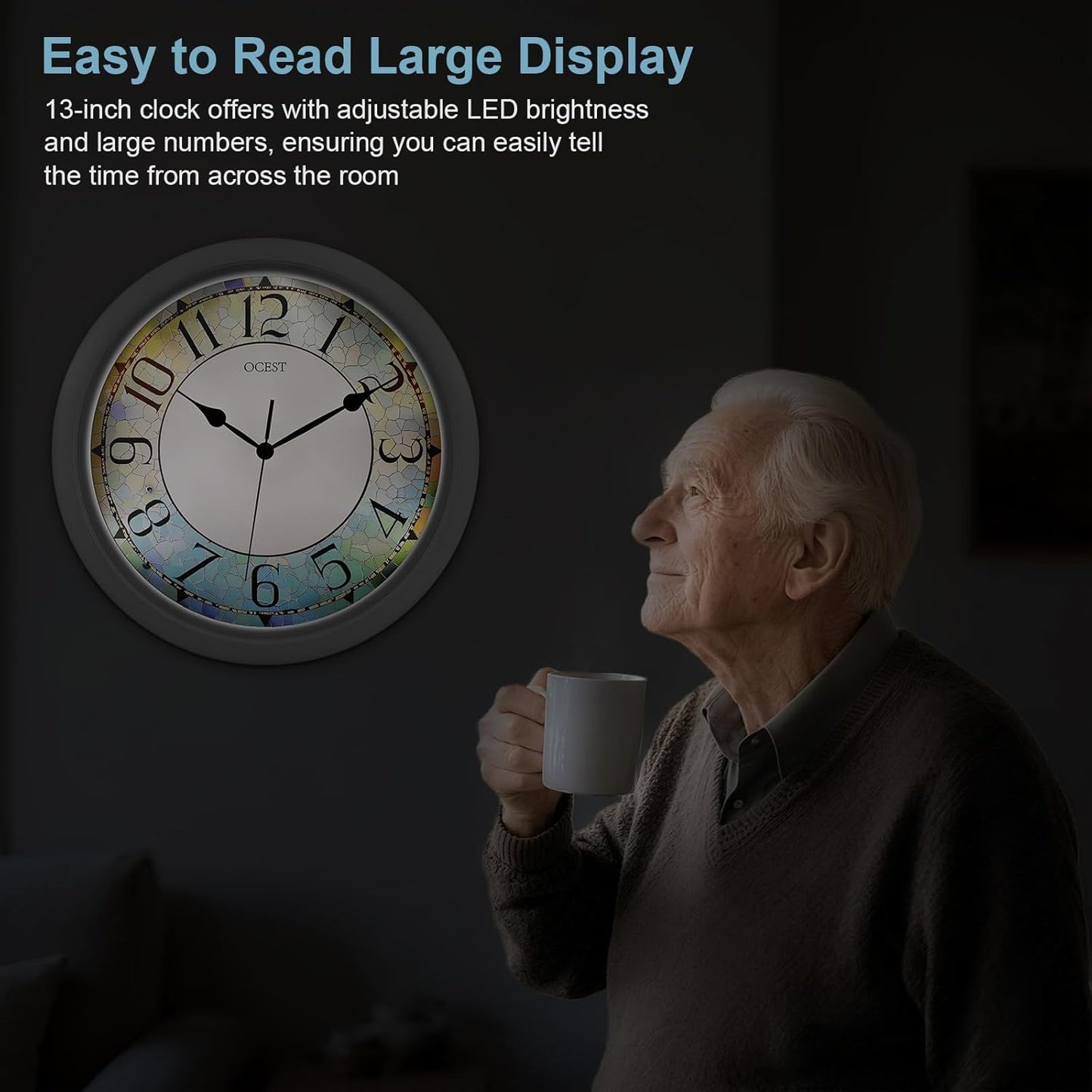 OCEST 13-inch Illuminated Wall Clock Adjustable Brightness Silent Battery Operated for Bedroom Living Room