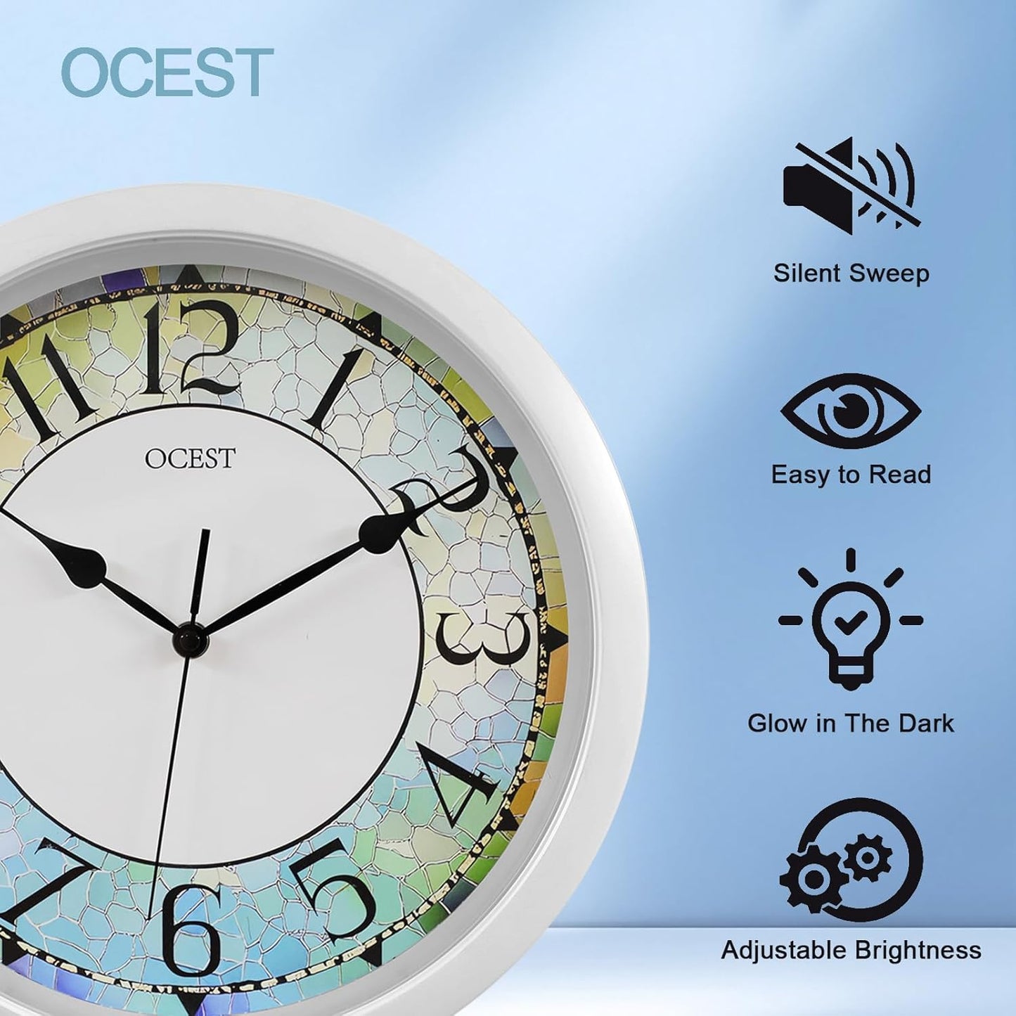OCEST 13-inch Illuminated Wall Clock Adjustable Brightness Silent Battery Operated for Bedroom Living Room