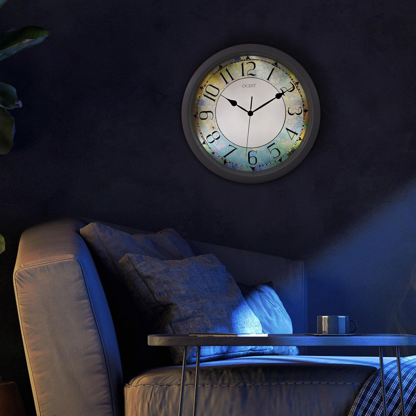 OCEST 13-inch Illuminated Wall Clock Adjustable Brightness Silent Battery Operated for Bedroom Living Room