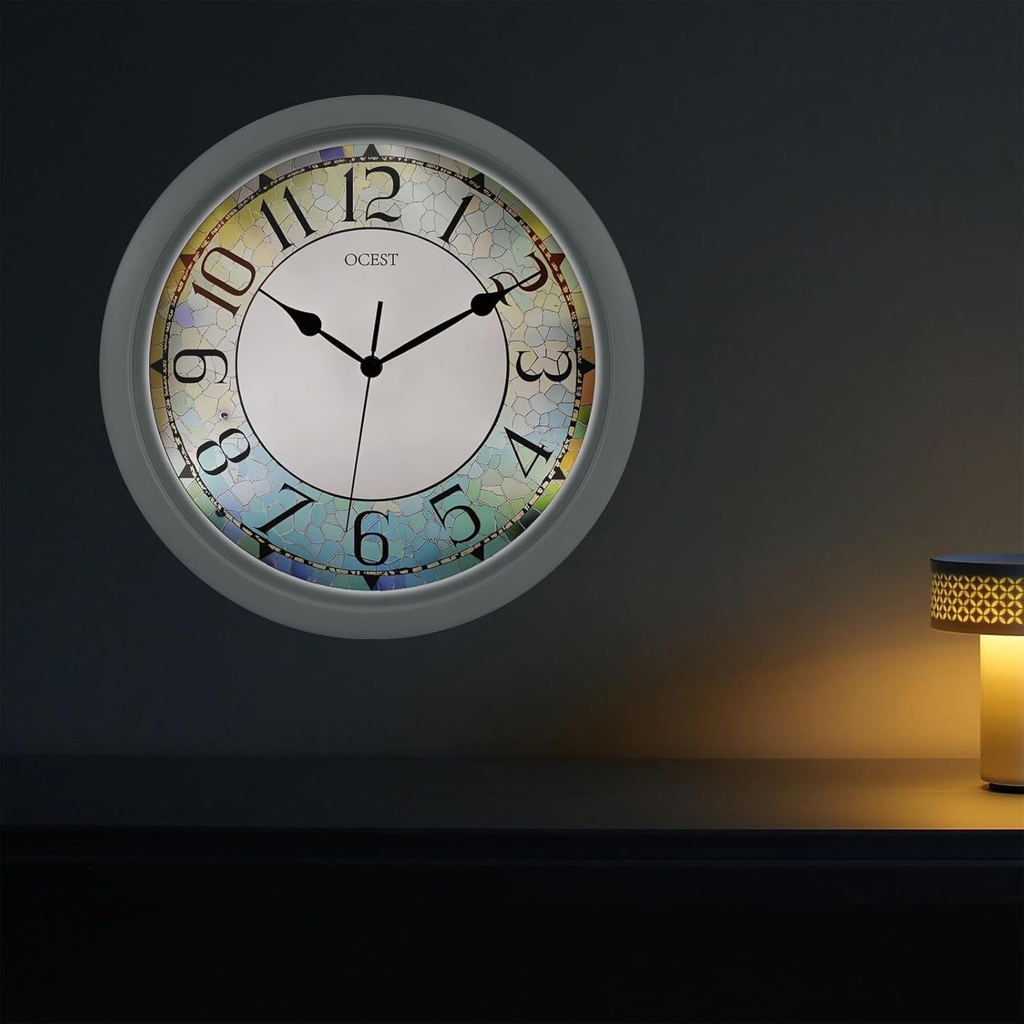 OCEST 13-inch Illuminated Wall Clock Adjustable Brightness Silent Battery Operated for Bedroom Living Room