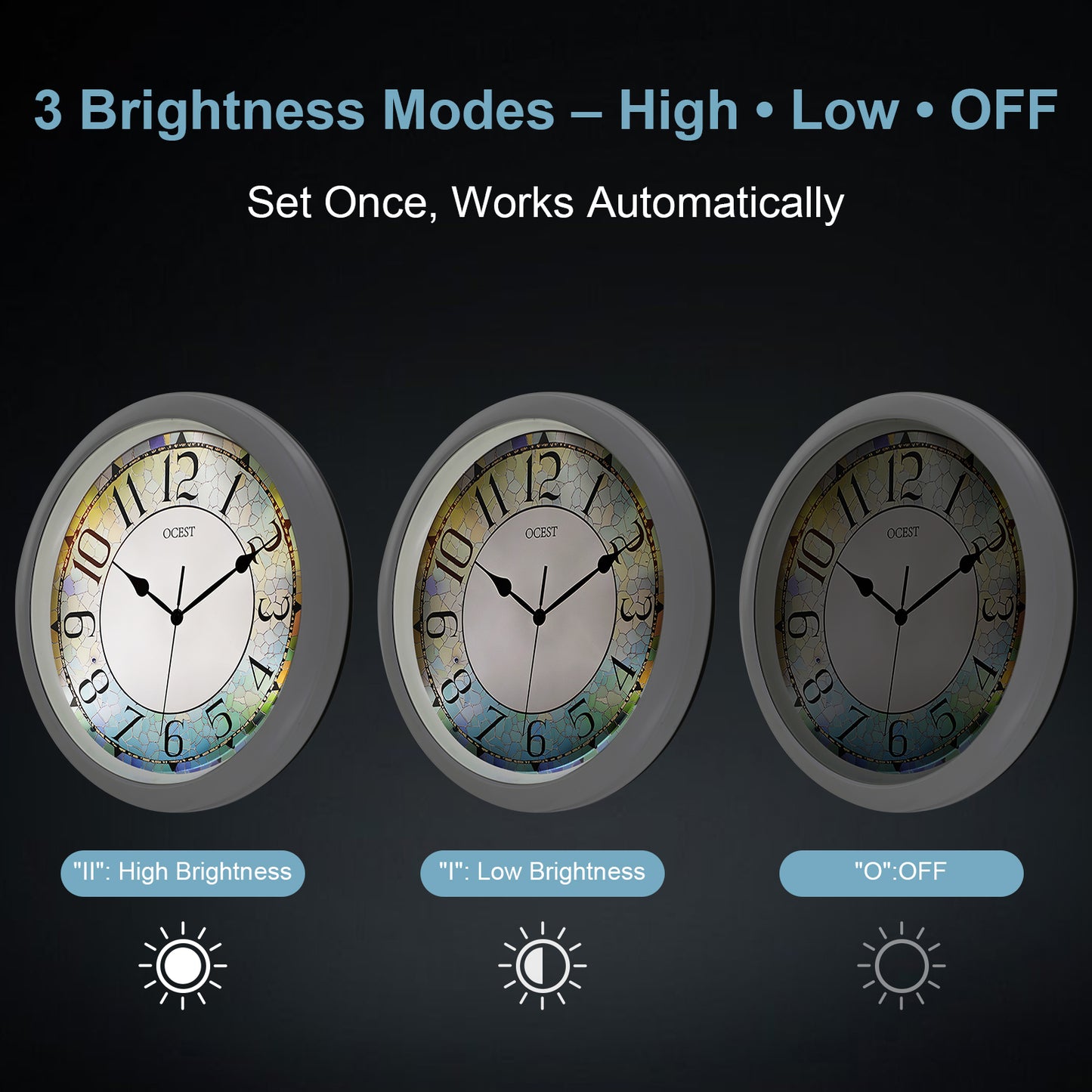 OCEST 13-inch Illuminated Wall Clock Adjustable Brightness Silent Battery Operated for Bedroom Living Room