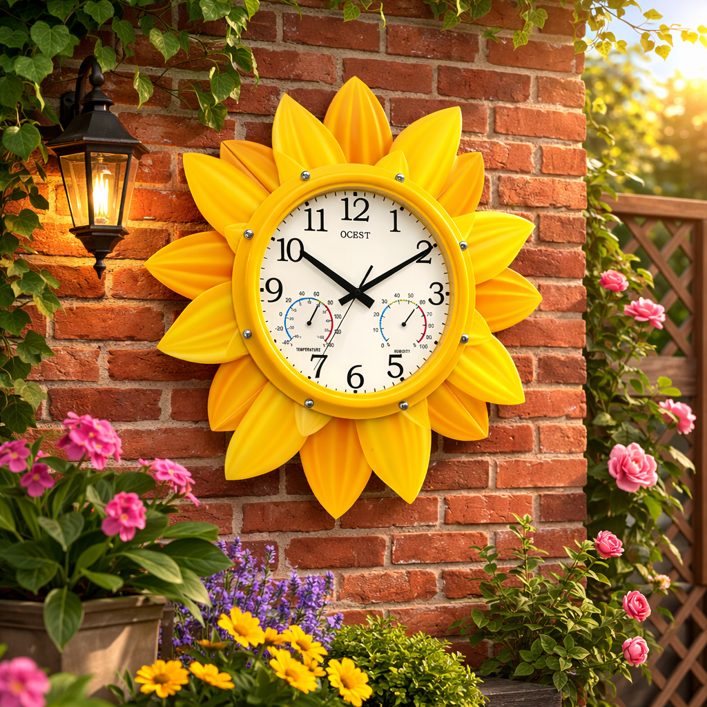 OCEST 24 Inch Waterproof Sunflower Outdoor Clock with Thermometer Hygrometer