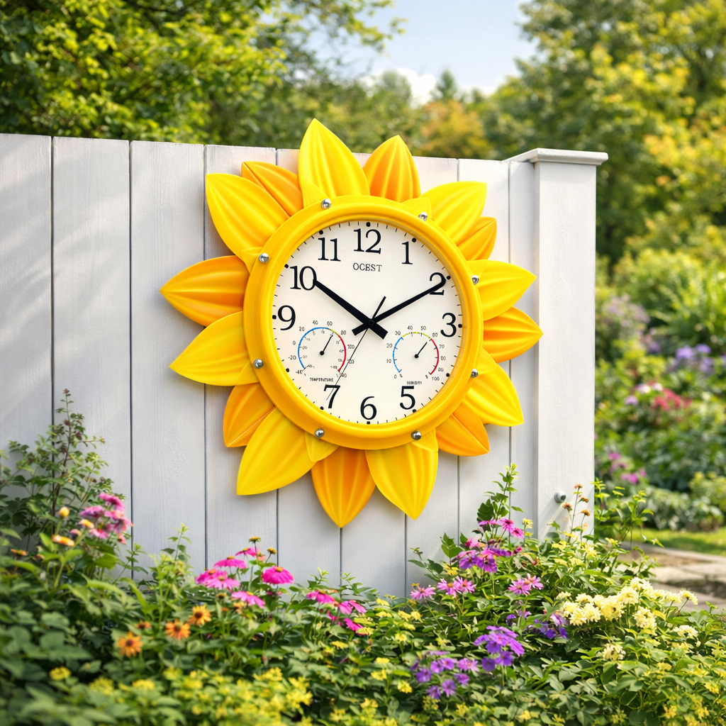 OCEST 24 Inch Waterproof Sunflower Outdoor Clock with Thermometer Hygrometer