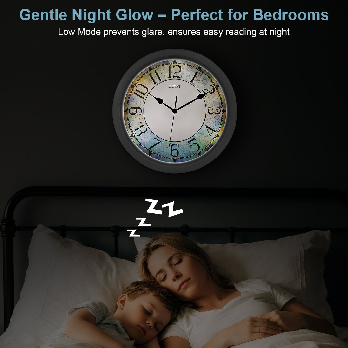 OCEST 13-inch Illuminated Wall Clock Adjustable Brightness Silent Battery Operated for Bedroom Living Room