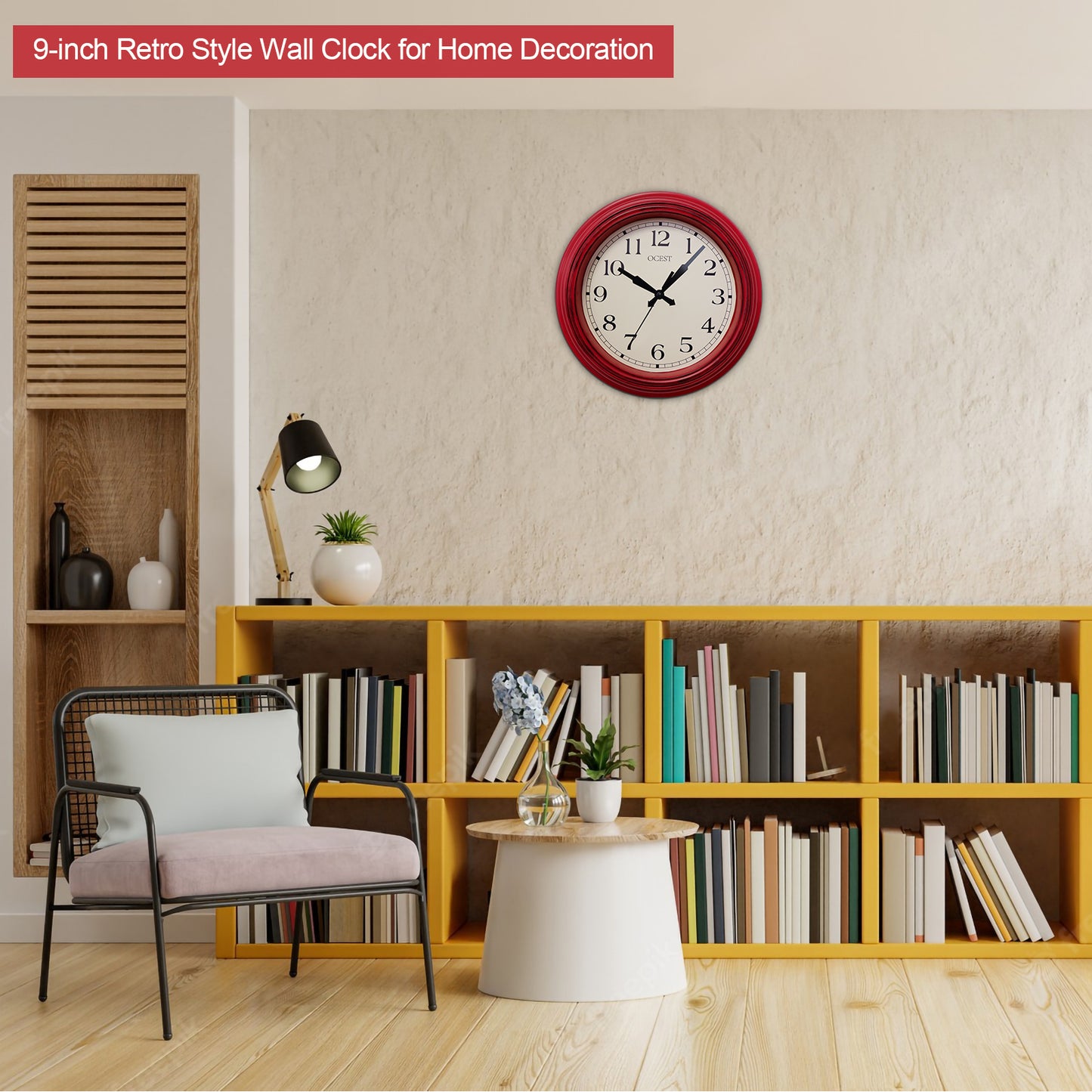 OCEST Retro Wall Clock 9 Inch Red Kitchen 50's Vintage Design Round Silent Non Ticking Battery Operated Quality Quartz Clock for Home Office Classroom