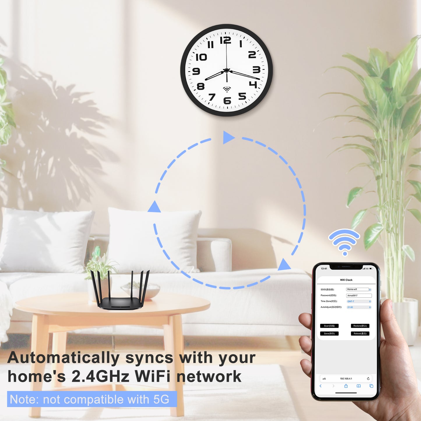 OCEST 10-inch Smart Wi-Fi Analog Wall Clock, Auto Time & DST, Silent Non-Ticking Battery Operated