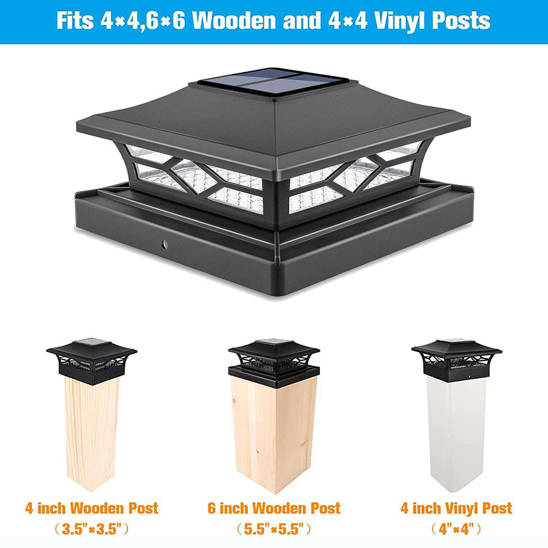 4 Pack Solar Post Cap Lights, 4''x4'' 6''x6'' Outdoor LED Fence Post Cap Lights, 2 Color Modes Solar Powered Deck Lights for Dock Waterproof, fit for Wooden/Vinyl Posts