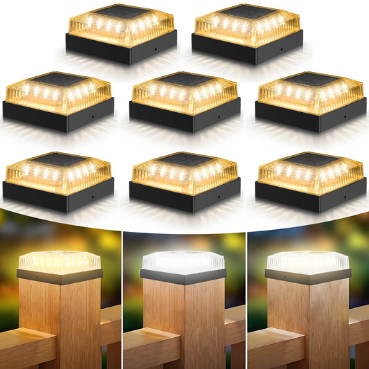 8 Pack Solar Post Cap Lights for Outdoor, 4x4 Waterproof Fence Post Solar Lights, 3 Color Modes Solar Post Lights for Garden, Patio and Porch Décor