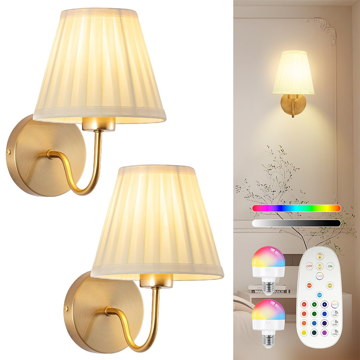 Battery Operated Wall Sconce, Set of 2 Gold Rechargeable Wall Lights with 10000mAh Dimmable Bulb, Wireless RGB Wall Lamp for Bedroom Living Room Hallway Décor