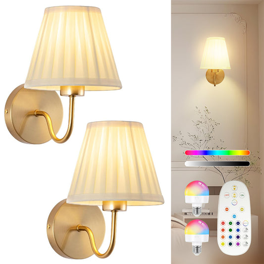 Battery Operated Wall Sconce, Set of 2 Gold Rechargeable Wall Lights with 10000mAh Dimmable Bulb, Wireless RGB Wall Lamp for Bedroom Living Room Hallway Décor