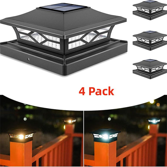4 Pack Solar Post Cap Lights, 4''x4'' 6''x6'' Outdoor LED Fence Post Cap Lights, 2 Color Modes Solar Powered Deck Lights for Dock Waterproof, fit for Wooden/Vinyl Posts
