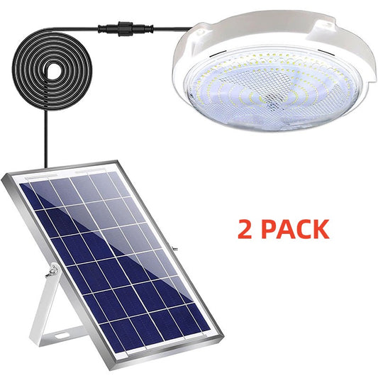 2 Pack Solar Ceiling Light, 5000LM Solar Lights Indoor Outdoor, Brighter Solar Shed Lights with Remote Control, Cool White Solar Pendant Light for Barn, Porch, Patio, Gazebo