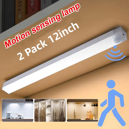 12'' LED Under Cabinet Lights, 2 Pack Rechargeable Motion Sensor Closet Lights with 3 Color, Wireless Closet Lighting with 3 Color for Wardrobe Kitchen Pantry Stairs